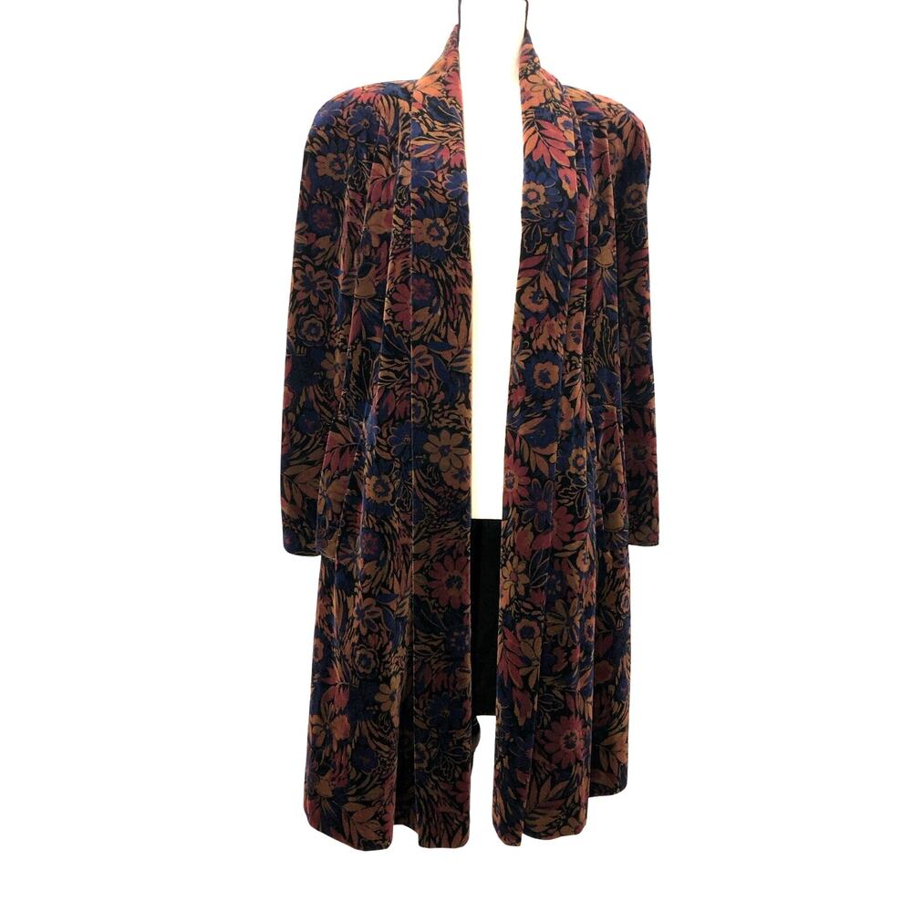 Vintage Portrait Velvet Mid Opera Duster Coat L/XL Floral Whimsigoth Art to Wear